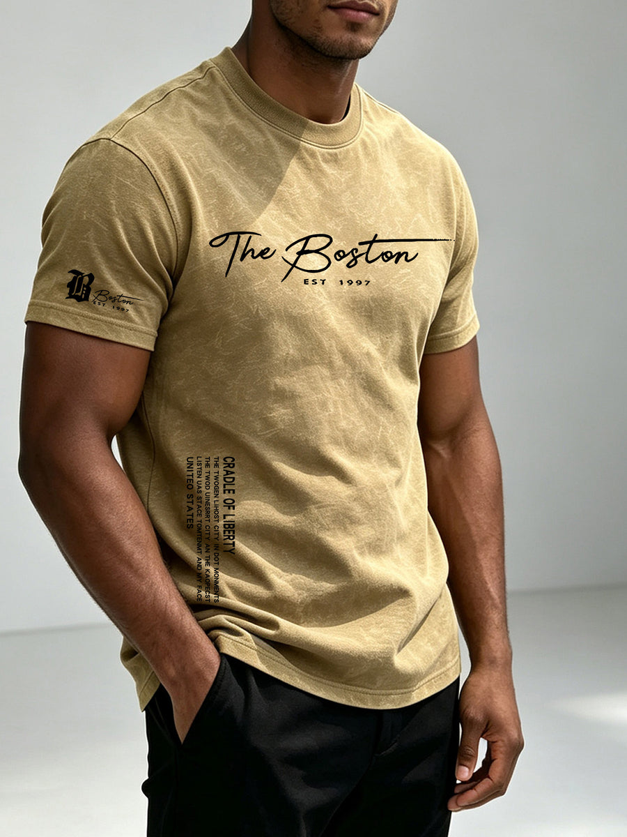 American Retro Washed Distressed Short Sleeve T-Shirt Men'S Summer Multi-Position English Print Round Neck Short Sleeve Street Trendy Fitness All-Match Top - Apricot