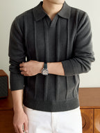 Men's Fall Winter V-Neck Buttonless Collar Knit Polo Sweater, Vertical Ribbed Long Sleeve Pullover with Ribbed Trim, Casual Top - Dark Gray