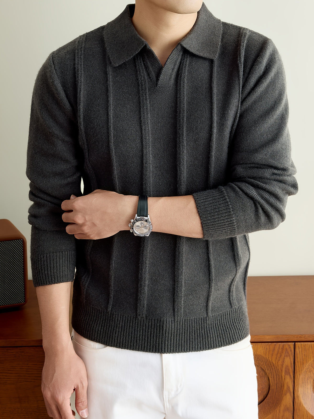 Men's Fall Winter V-Neck Buttonless Collar Knit Polo Sweater, Vertical Ribbed Long Sleeve Pullover with Ribbed Trim, Casual Top - Dark Gray