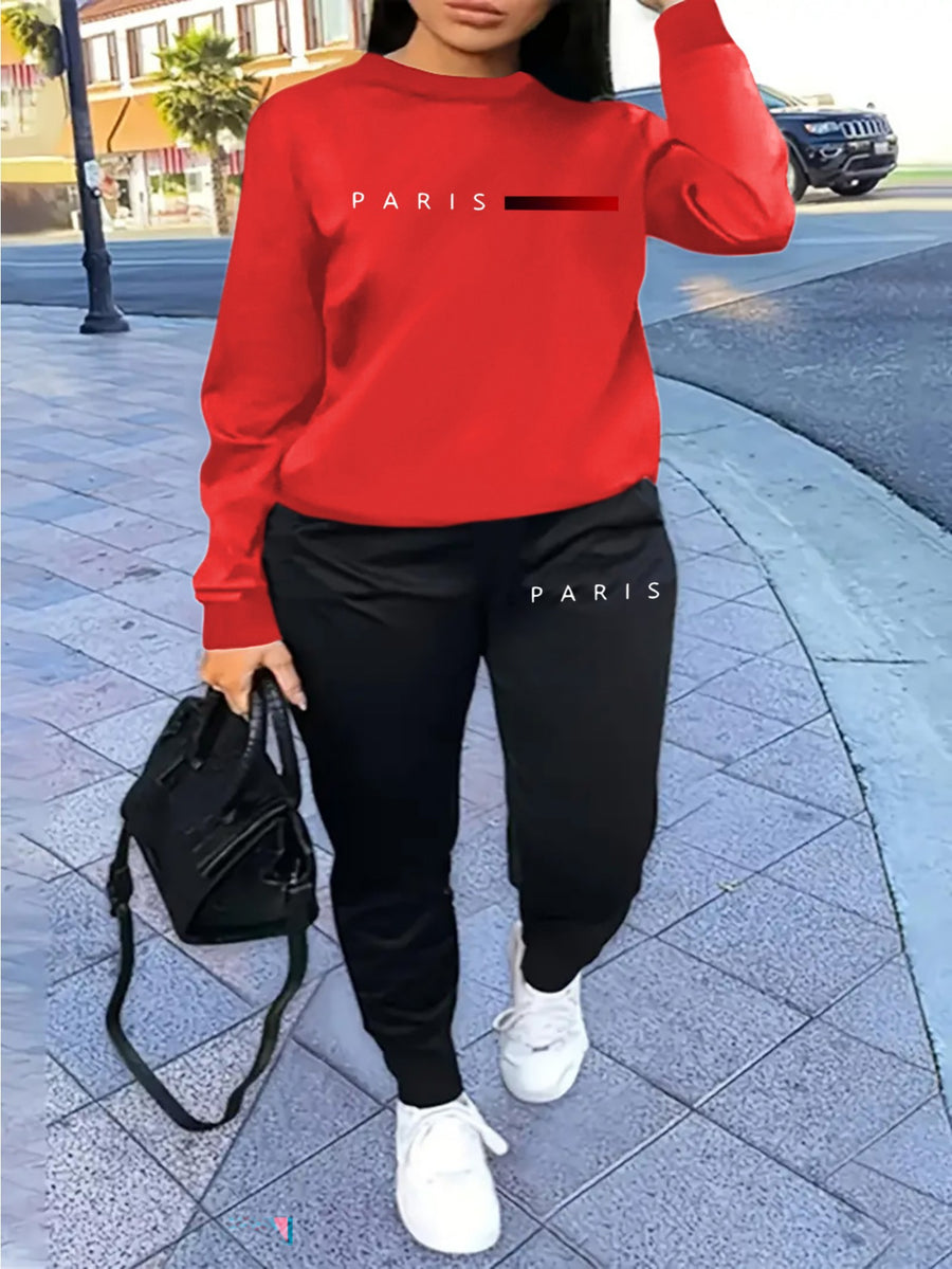 Women's Casual Tracksuit Set, Fashionable Paris Letter Print Long Sleeve Sweatshirt & Joggers Pants Outfit - Red