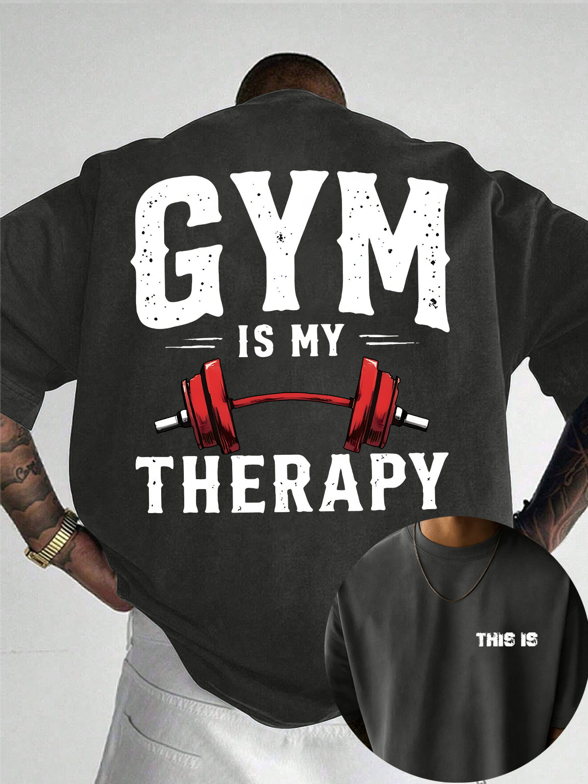 Men's 100% Pure Cotton Comfortable and Breathable T-Shirt, Gym Barbell Print, for All-Season Casual Sports and Fitness - Dark Gray