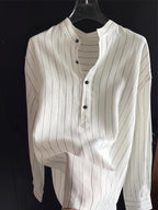 Men's Stand Collar Linen Comfort Casual Long Sleeve Shirt - White