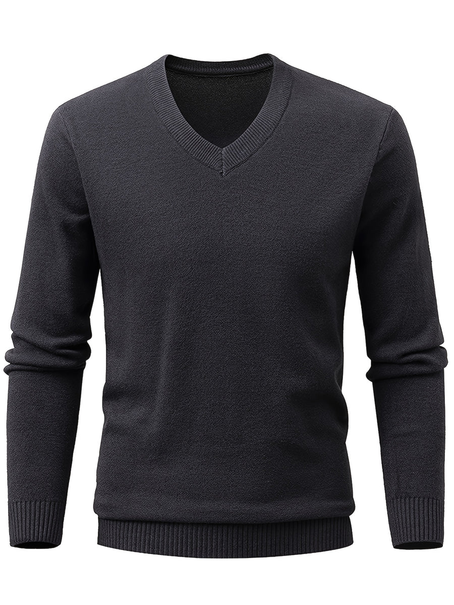 Autumn/Winter New V-Neck Solid Color Pullover Casual Versatile Knit Top for Men - Charcoal