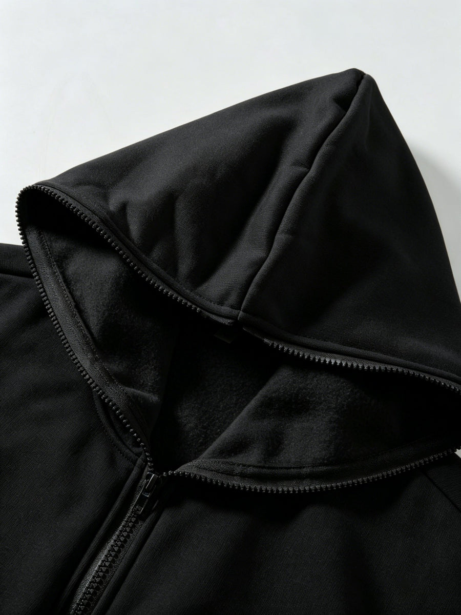 New Men'S Solid Color Autumn Winter Casual Athletic Top Men'S Hooded Zipper Sweatshirt - Black