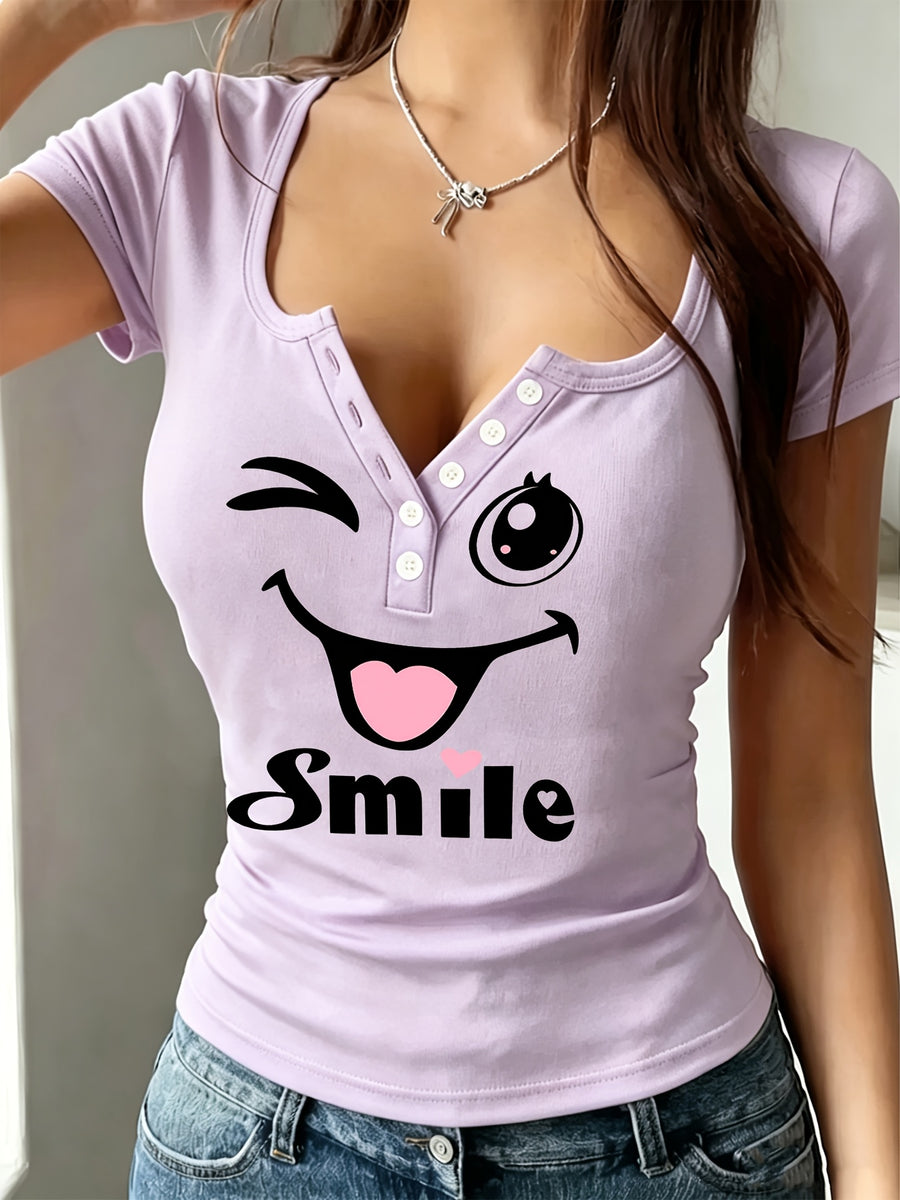 Artistic Smiling Face Pattern, Women'S Hot Outfit with Sexy Design And Buttons, Non-V-Neck Women'S T-Shirt, Suitable for All Four Seasons, Revealing Y20K/Casual/Sports/Commuting/Fashionable/Elegant, Comfortable And Breathable Gift - Light Purple