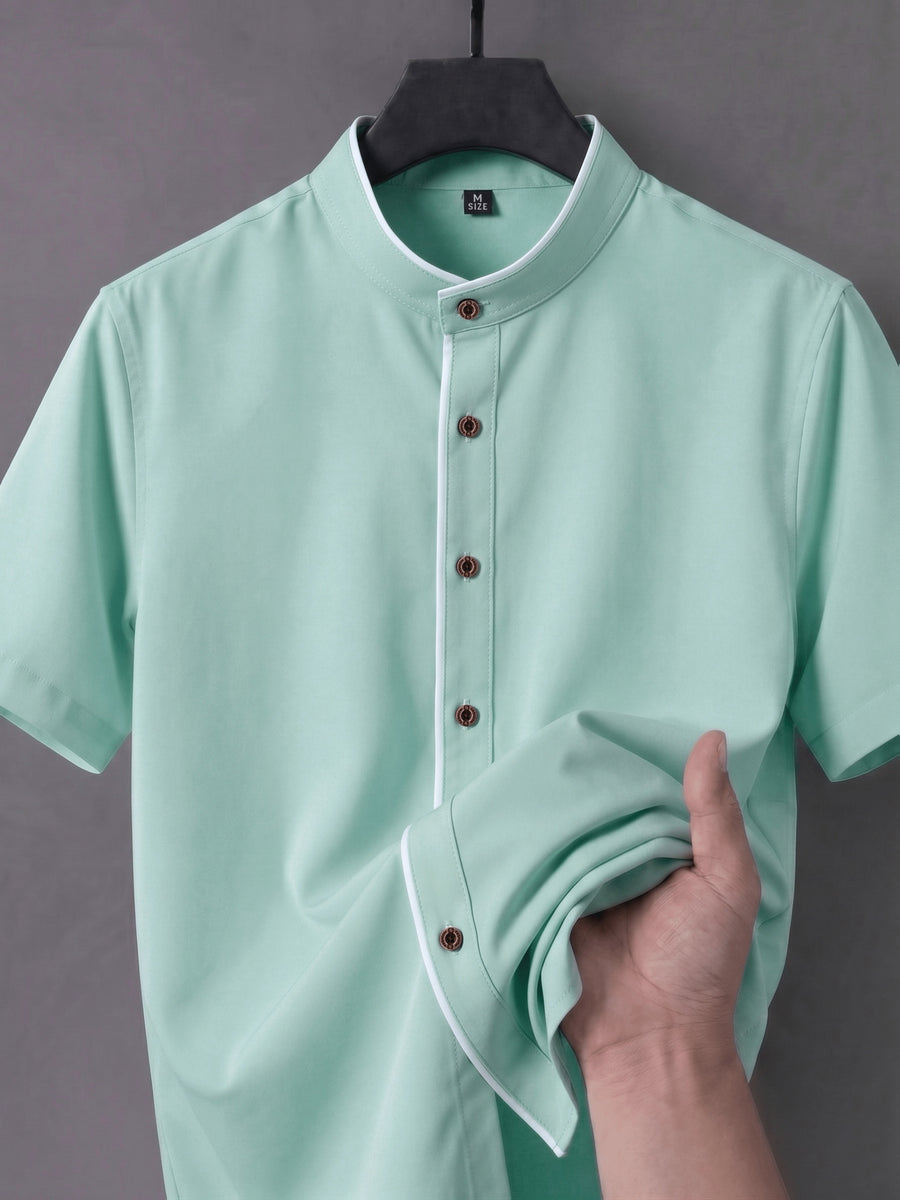 Men'S Short-Sleeved Shirt, Henley Collar/Stand-Up Collar Design, Placket Splicing Contrast Color Design - Light Green