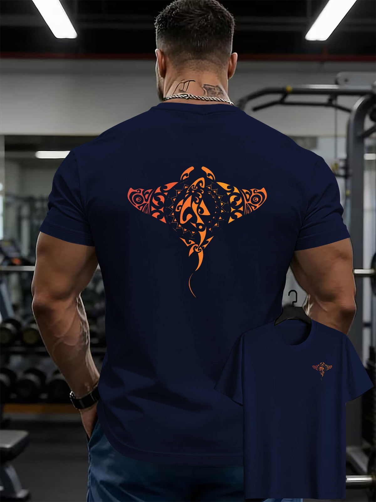 100% Men'S T-Shirt, Multi-Colors Available, Men'S Manta Ray Pattern T-Shirt, Front And Back Print T-Shirt, Summer Casual Round Neck Short Sleeve T-Shirt - Navy Color