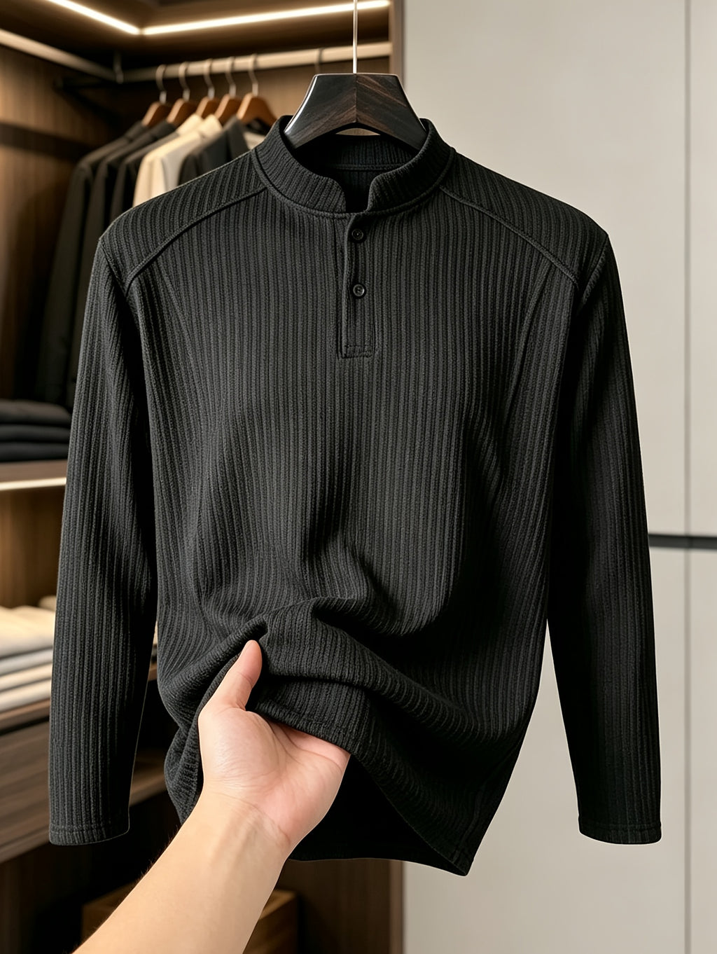 Men's Ribbed Cable Henry Neck Sweatshirt, Autumn Long Sleeve T-Shirt, American Style Premium Versatile Button-Patch Piece Top - Black