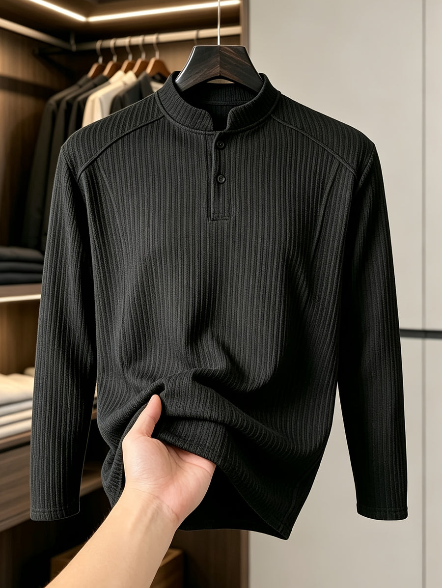 Men's Ribbed Cable Henry Neck Sweatshirt, Autumn Long Sleeve T-Shirt, American Style Premium Versatile Button-Patch Piece Top - Black