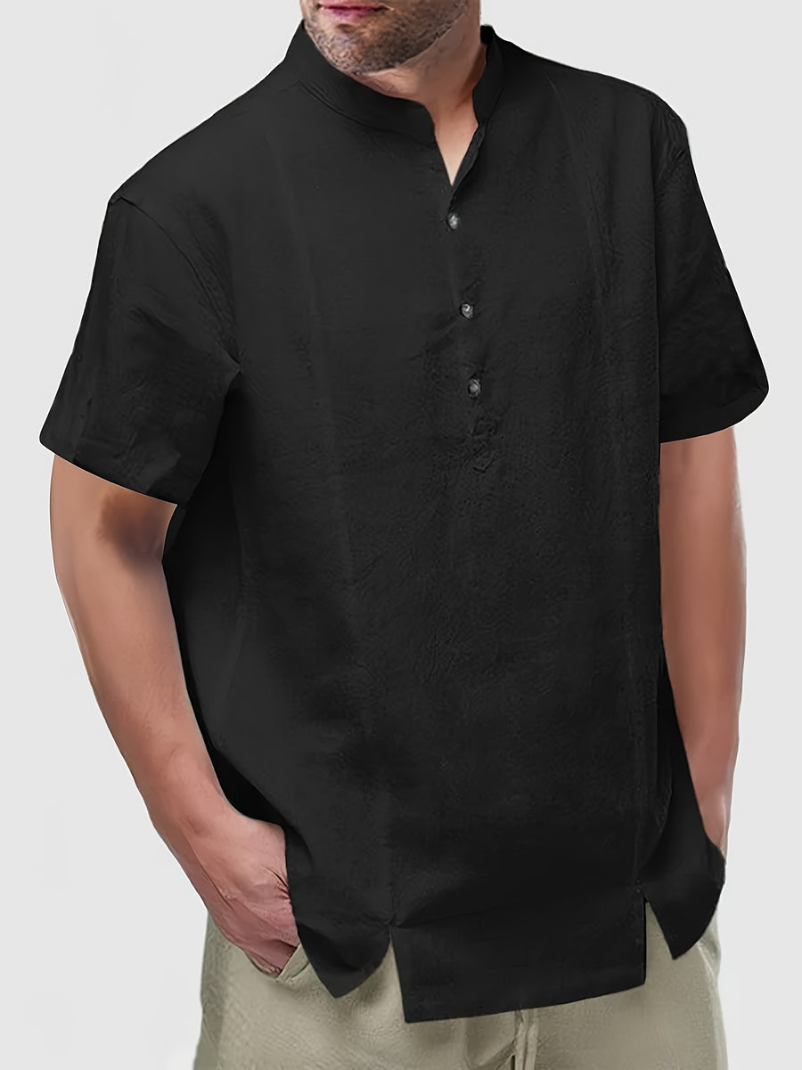 Men'S Henley Shirt | Casual Stand Collar, Slight Stretch Fabric, Button Detail, Solid Color, Regular Fit For Spring/Fall - Black
