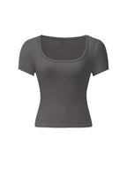 4pcs Set U-Neck Short-Sleeved T-Shirt Women'S Summer New Solid Color Slim Short All-Match Top - Dark gray+black+brown+white