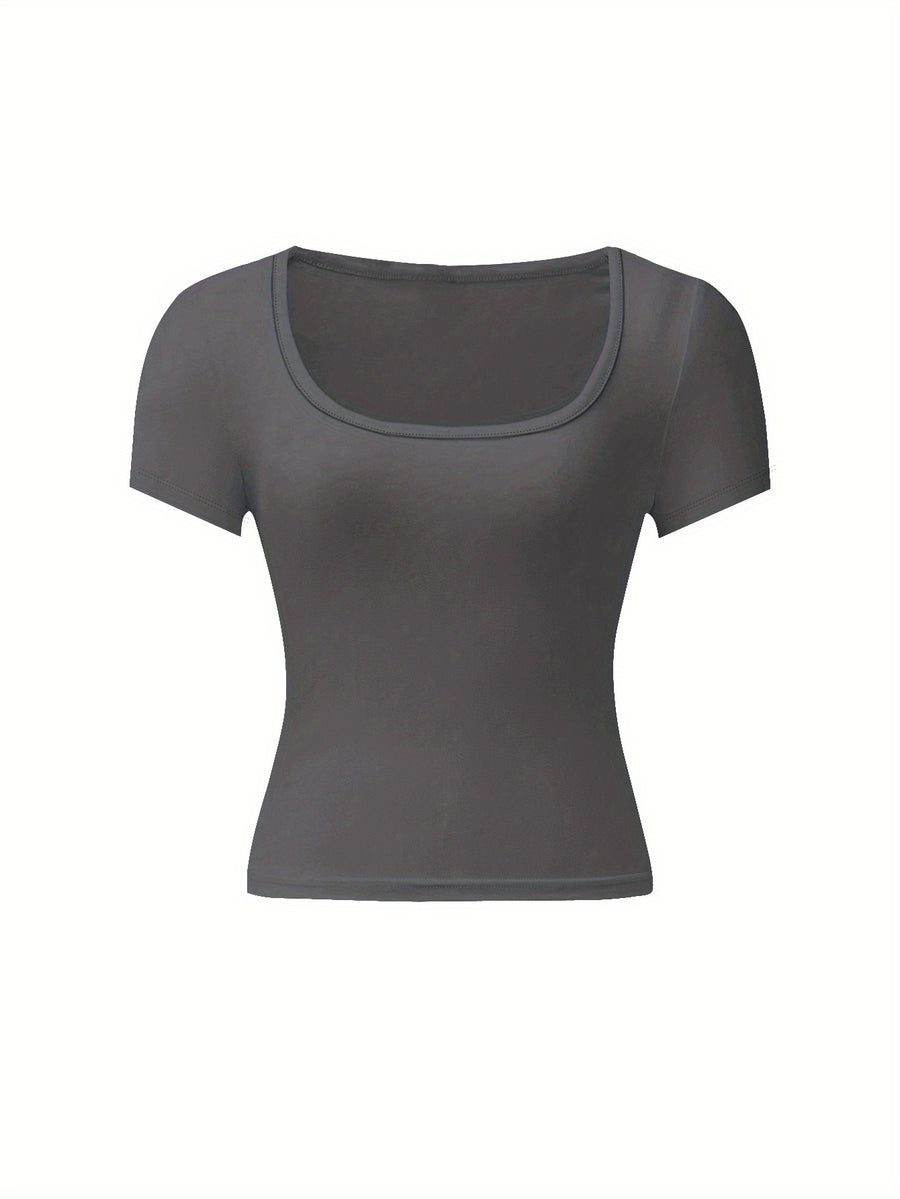 4pcs Set U-Neck Short-Sleeved T-Shirt Women'S Summer New Solid Color Slim Short All-Match Top - Dark gray+black+brown+white