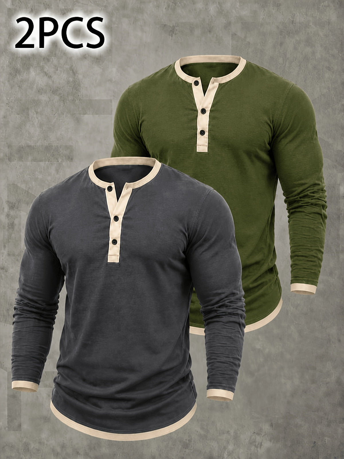 Men's Retro Color-Block Cotton And Linen Blend Button-Up Henley Long Sleeve Polo Shirt, 2pcs. Breathable & Relaxed Fit. Casual Outdoor, Work & Party Wear. Versatile Spring/Fall/Autumn Layering Essential - Dark Gray + Military Green