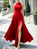2026 New Women's Elegant Socialite Style Halter Neck High Slit Sleeveless A-Line Evening Gown, Wedding Bridesmaid Banquet Party Long Dress - Red
