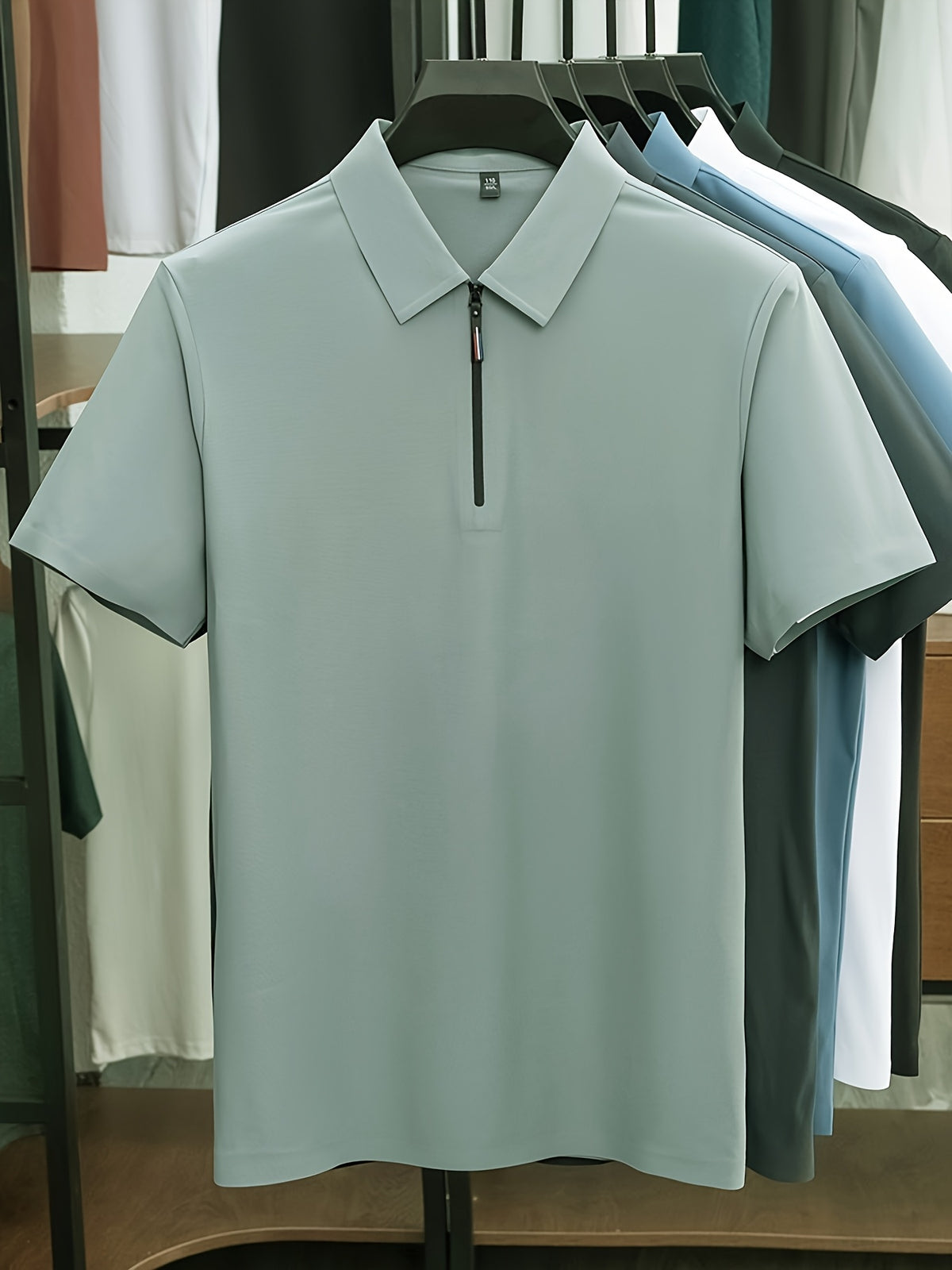 Men's Summer Short-Sleeve Half-Zip Lapel Polo Shirt - Solid Color T-Shirt Suitable for Casual & -Casual Wear, Breathable Half-Zip Collar, Short Sleeve Lapel Collar, Hand Washable Solid Color Polo Tee for Office or Everyday Outfits - Bean Green