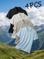 4pcs Men's Casual Business Polo Shirts, Lapel Collar Design, Simple and Stylish, Soft and Refreshing, Suitable for Spring, Summer, and Autumn Travel, Vacations, and Business Outings, Men's Casual Business Short Sleeves - Black/Sky Blue//Light Khaki