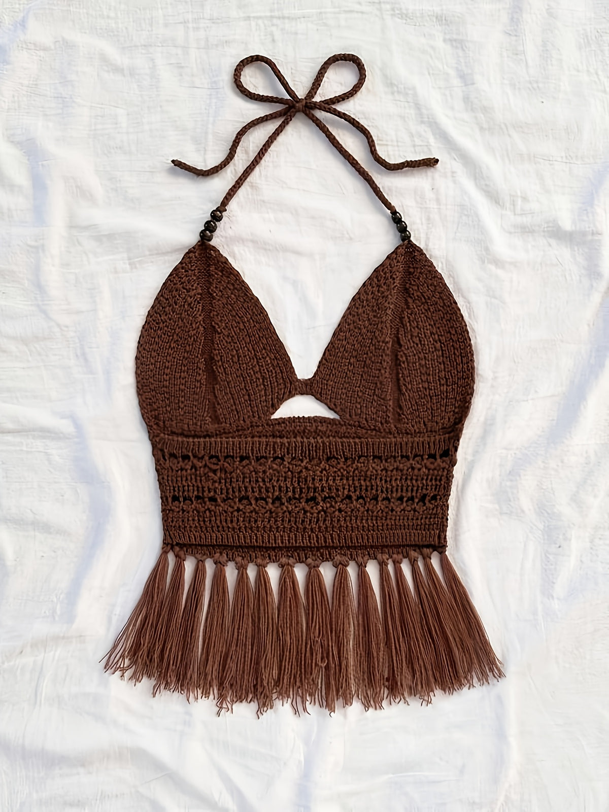 Spring Summer New Women'S Vacation Style Crochet Halter Top Solid Color Tassel Trim Hollow Out Beach Top, Bohemian Style, Date Outing, Valentine'S Day Gift, Music Festival Outfit, Mother'S Day, Beach Vacation [ASD1] - Coffee Brown