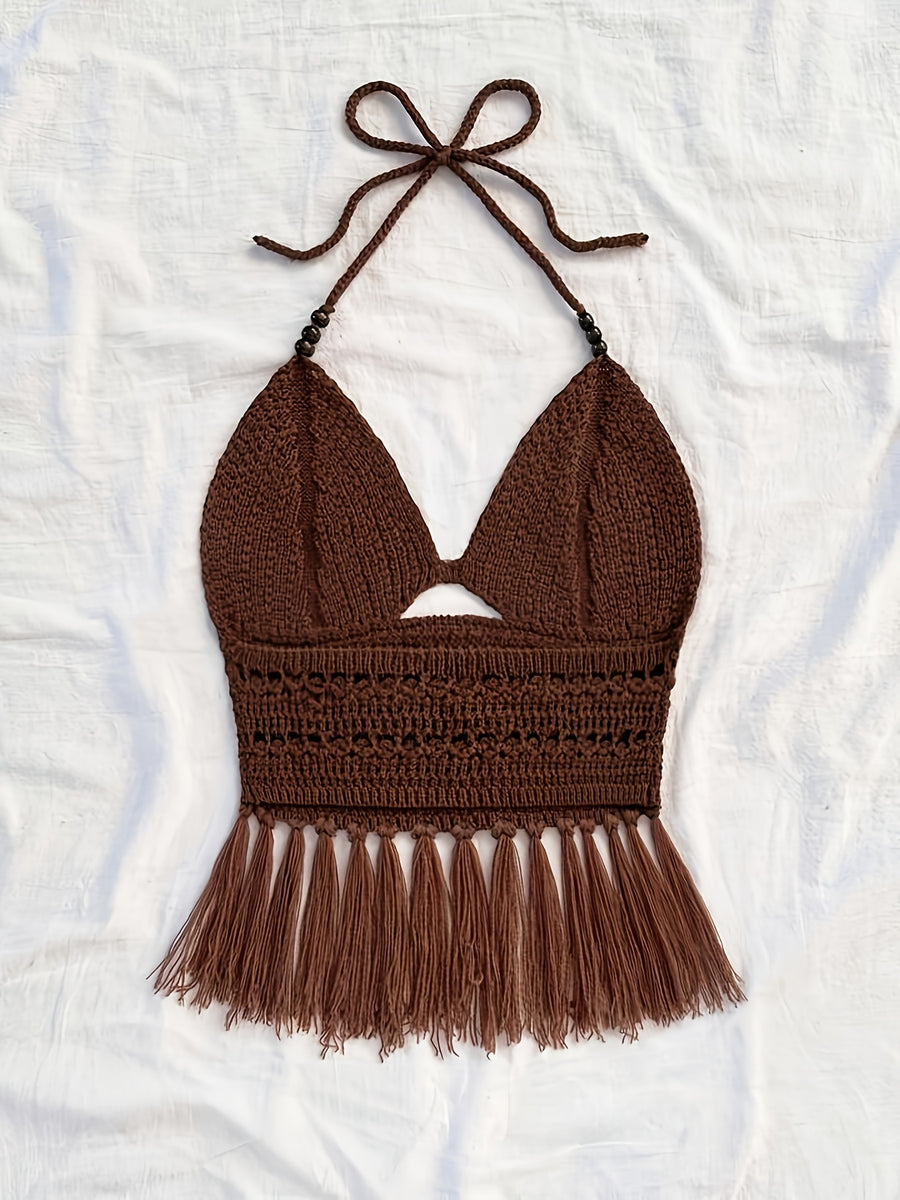 Spring Summer New Women'S Vacation Style Crochet Halter Top Solid Color Tassel Trim Hollow Out Beach Top, Bohemian Style, Date Outing, Valentine'S Day Gift, Music Festival Outfit, Mother'S Day, Beach Vacation [ASD1] - Coffee Brown