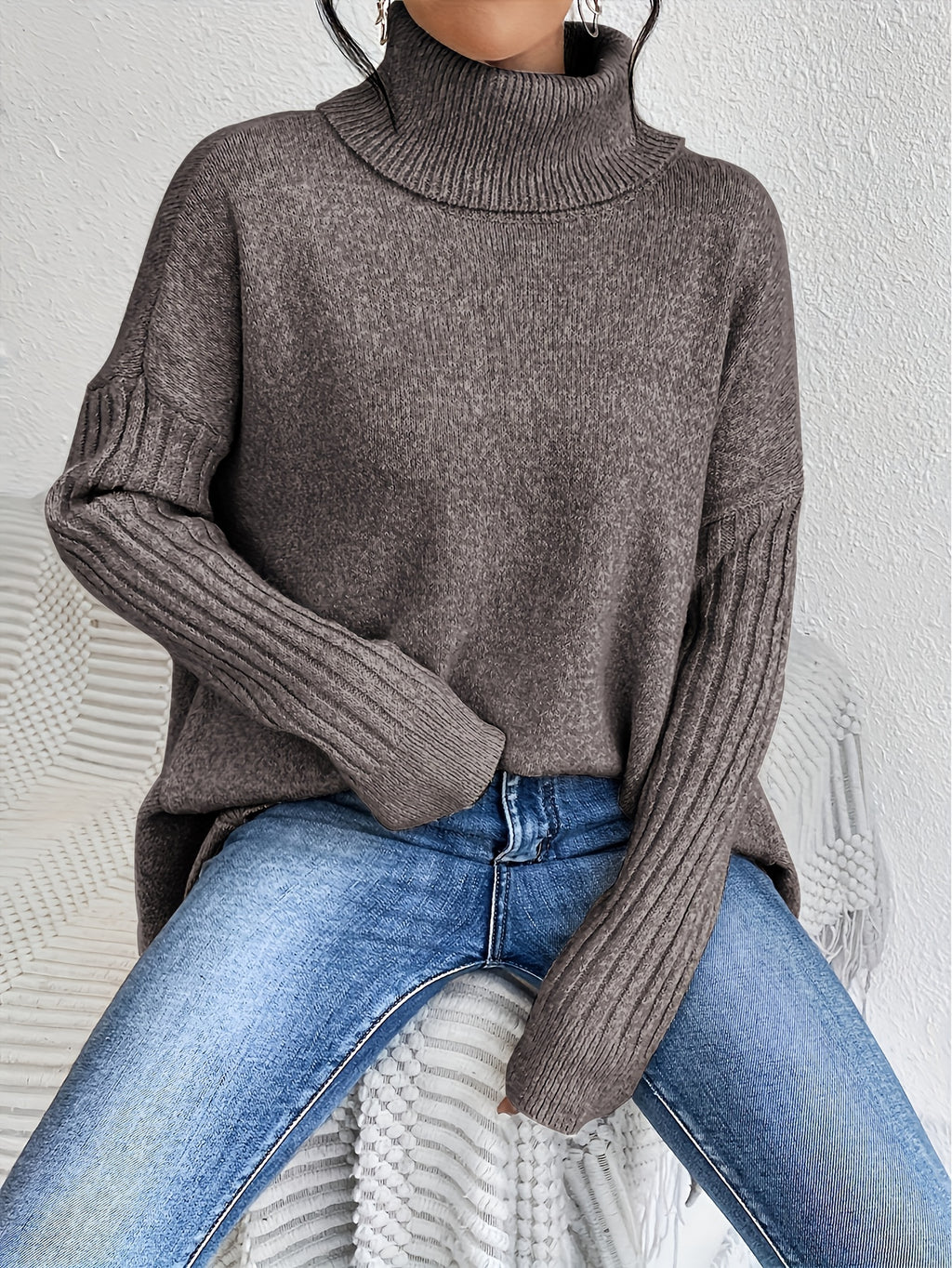 New Autumn and Winter Women's Casual Long Sleeve High Neck Pullover - Flower Brown