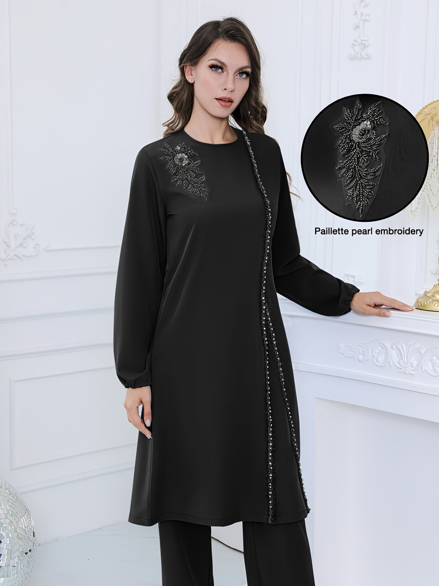 Women'S Sequined Flower Bead Embroidery Rhinestone Decorated Round Neck Long Sleeve Top with Drawstring Adjustable Pants, Elegant Business Fashion Design, Suitable for Festival Party Two-Piece Set - Black