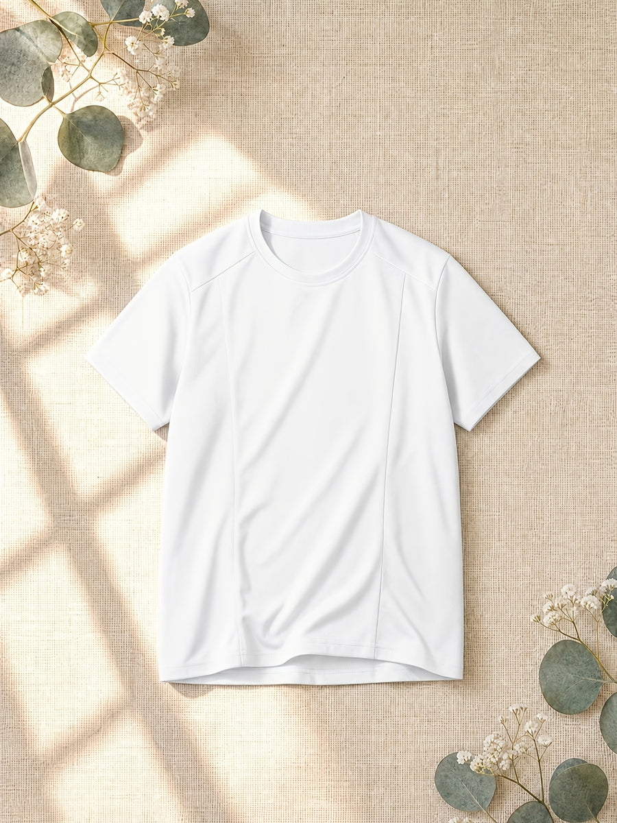 New Summer Casual Crew Neck Deconstructed Patchwork Short Sleeve Fitness T-Shirt with Cuffed Sleeves - White
