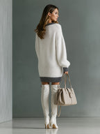Women's Contrast Color Multi-Color Option Trimmed V-Neck Plush Fluffy Dress, Loose Long-Sleeve Pullover Dress, Autumn Winter Casual Lazy Short Dress, Suitable for Autumn and Winter Wear, Daily Classic Versatile Style - White