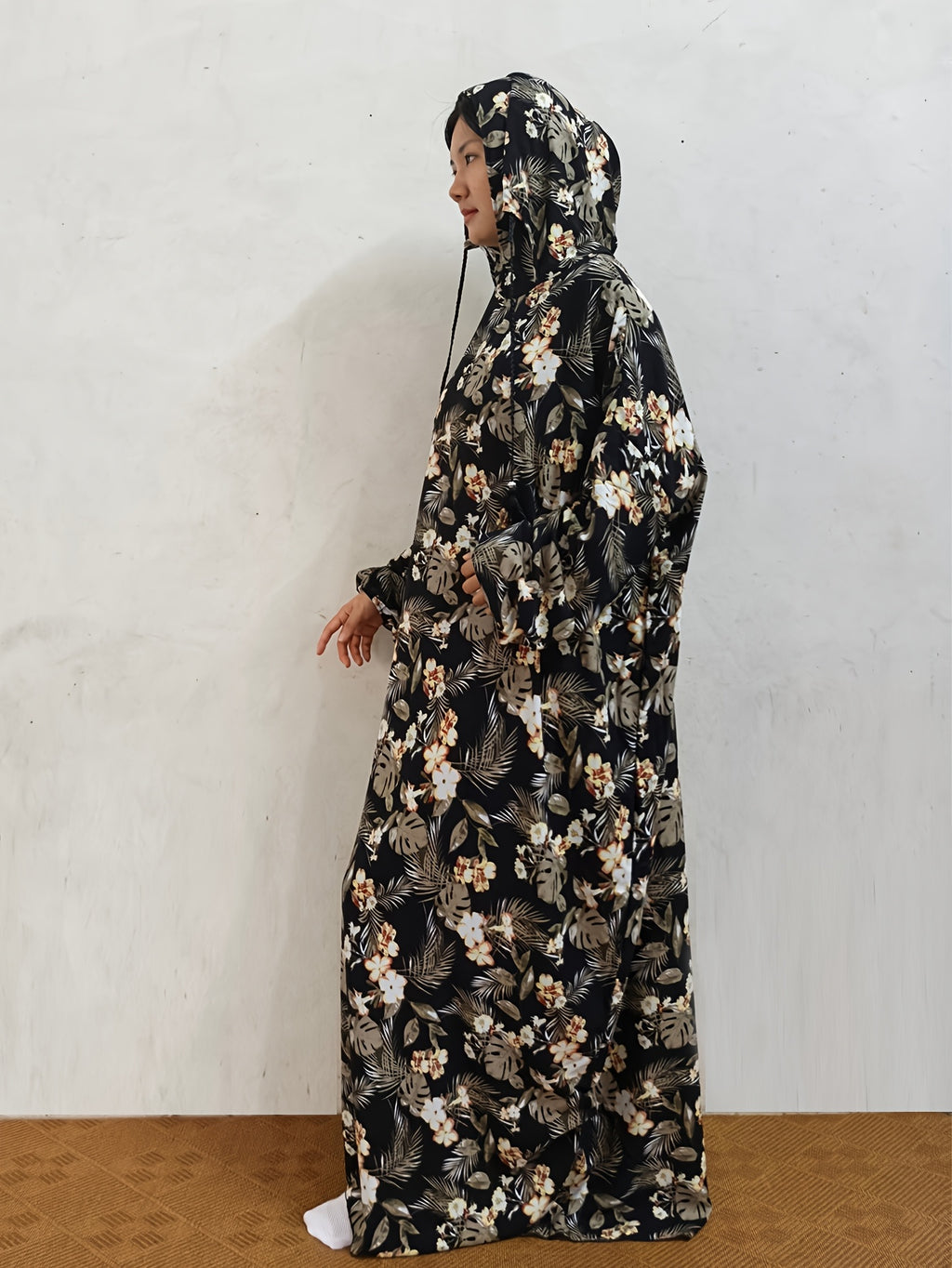 Elegant Floral Print Hooded Abaya with Drawstring - Long Sleeve, Loose Fit, Rayon, Perfect for Eid al-Adha and Prayer, Elegant Attire|Floral Print Abaya|Loose Fit Abaya - Multicolor