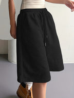 Women'S Elastic Waist Drawstring Tie Loose Bermuda Shorts, Casual Street Style, Women'S Summer - Black