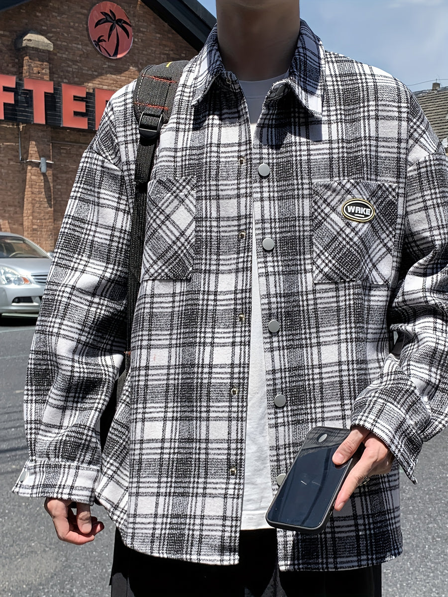 23420 Men'S Fashion Casual Plaid Small Fragrant Style Long Sleeve Shirt - Midnight Black