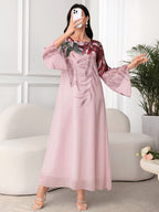 Women'S Tropical Plant Print Round Neck Long Sleeve Arab Style Dress - pink color