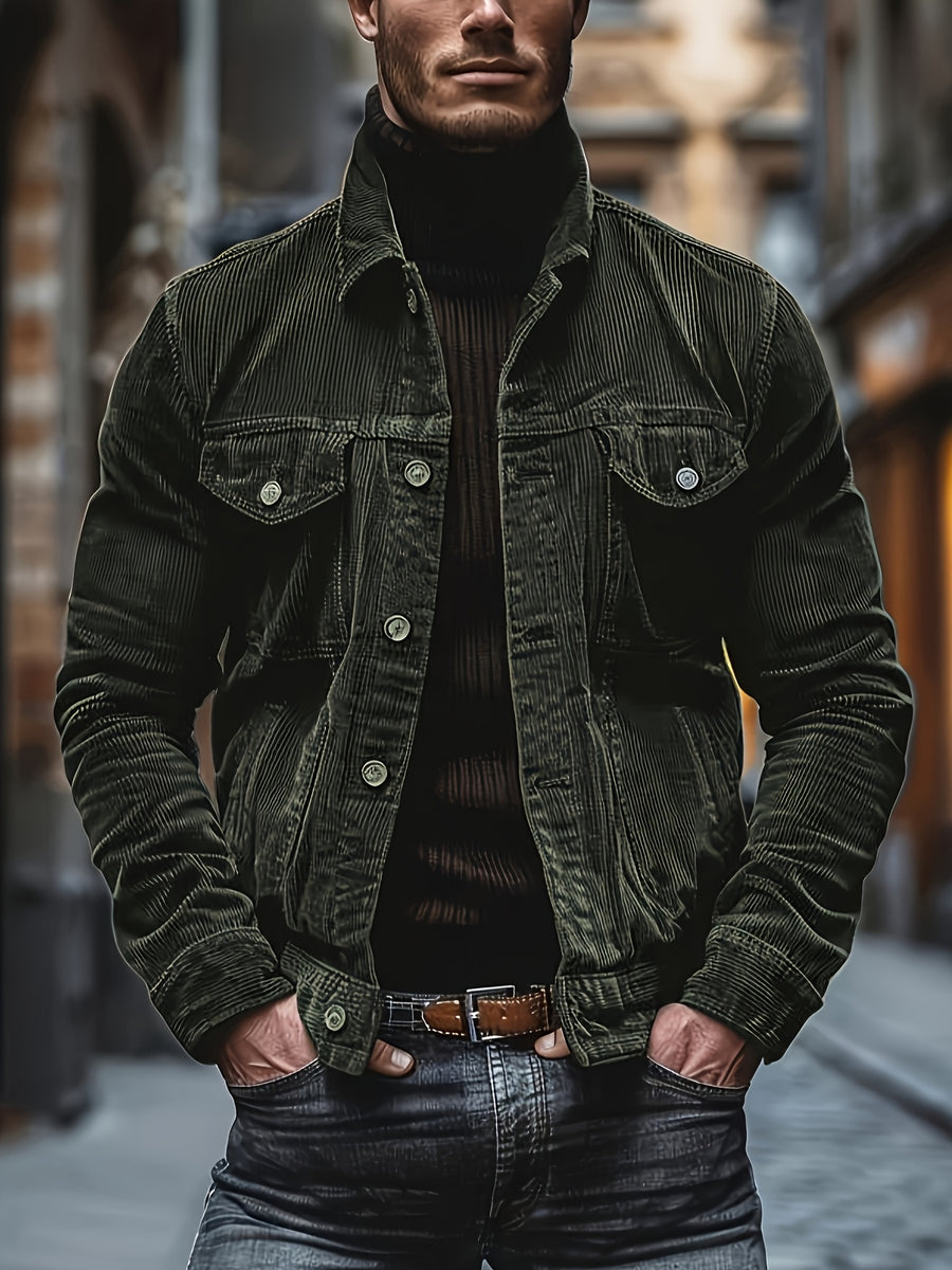 Men's Casual Long-Sleeve Shirt, Autumn/Winter Loose Fit Simple Solid Color Corduroy Layering Flannel Shirt, Vintage Style Top - Olive Green