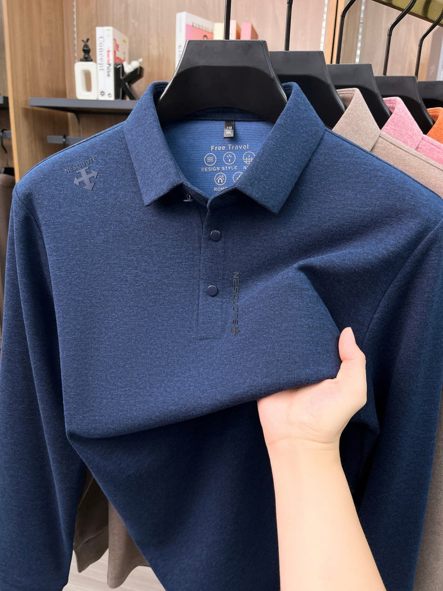 Men's Lapel Long Sleeve Polo Shirt Thickened Warm Top Autumn Winter Business Casual Layering Apparel for Middle Aged Dad Versatile Daily Outfit Suitable for Golf Fishing Tennis Sports Office And Daily Wear for Men - Night Blue