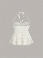 Niannian's Choice Solid Color Drawstring Halter Neck Backless Sexy Tank Top - Apricot