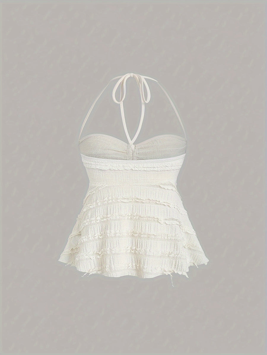 Niannian's Choice Solid Color Drawstring Halter Neck Backless Sexy Tank Top - Apricot