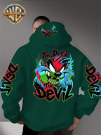 Le Yitong Flame Style Color-Block Graffiti Big Mouth Monster The Devil Print Hoodie, with Sleeve Print Design, Kangaroo Pouch And Drawstring Hood, Suitable for Autumn/Winter Casual Wear And Outdoor Activities - Green