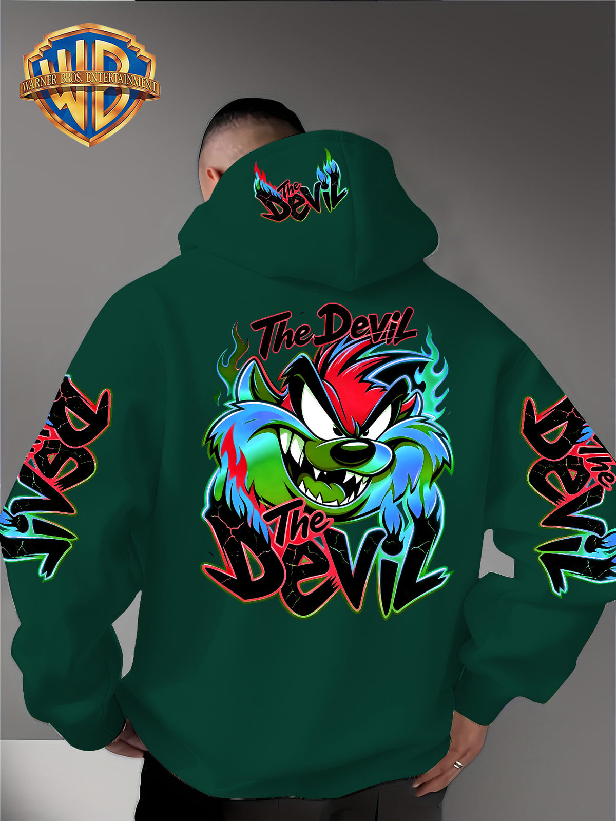 Le Yitong Flame Style Color-Block Graffiti Big Mouth Monster The Devil Print Hoodie, with Sleeve Print Design, Kangaroo Pouch And Drawstring Hood, Suitable for Autumn/Winter Casual Wear And Outdoor Activities - Green