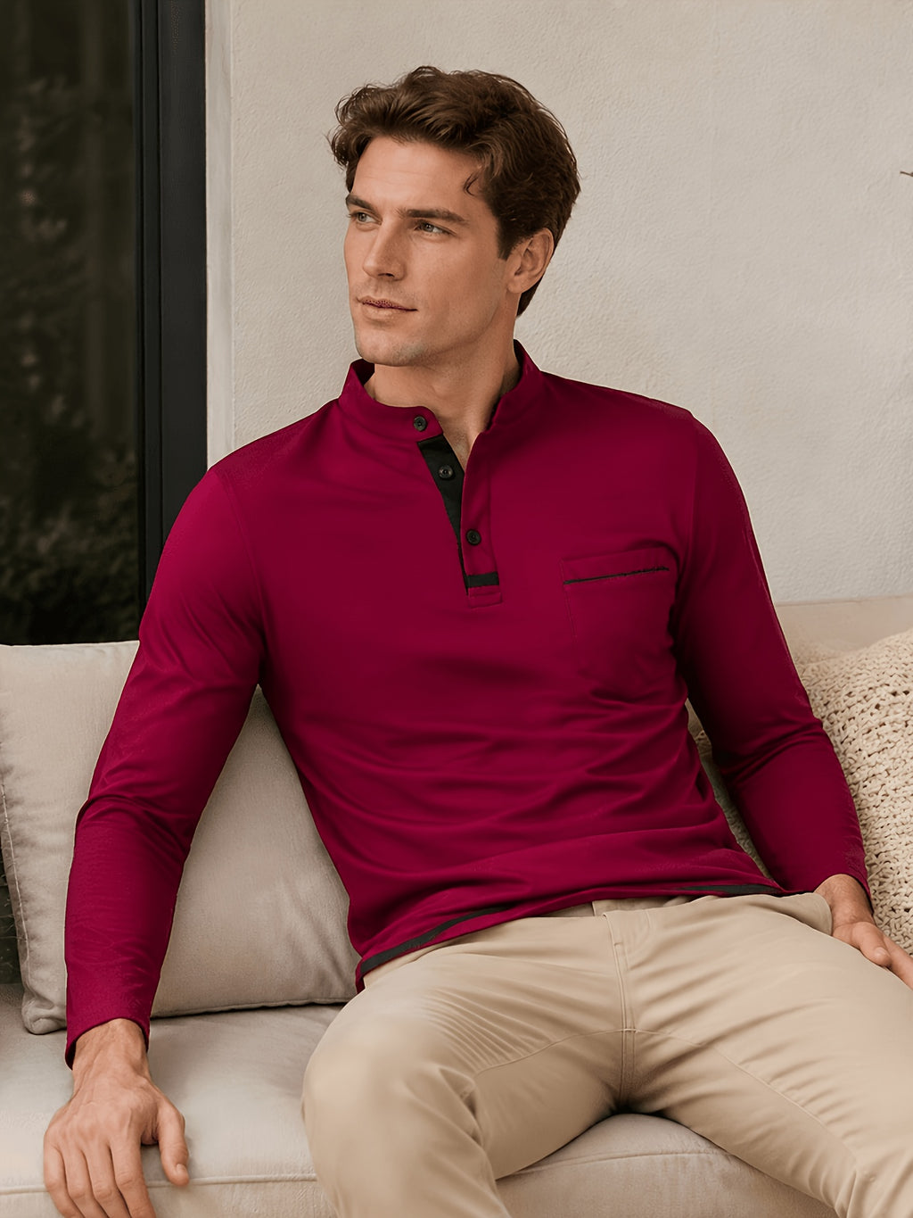 2pcs Men's Stand Collar Long Sleeve Henley Shirt, Casual Half-Button T-Shirt with Pockets, Lightweight and Breathable Stand Collar Pullover Top, Suitable for Daily, Office, and Outdoor Scenes - Wine Red+Light Blue