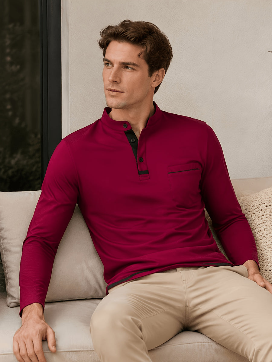 2pcs Men's Stand Collar Long Sleeve Henley Shirt, Casual Half-Button T-Shirt with Pockets, Lightweight and Breathable Stand Collar Pullover Top, Suitable for Daily, Office, and Outdoor Scenes - Wine Red+Light Blue