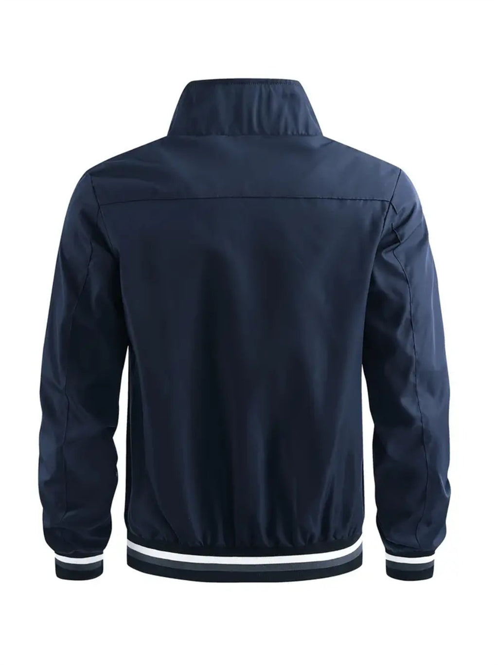 Men'S Sports Solid Color Stand-Up Collar Jacket, Color Striped Rib Hem, Lightweight And Windproof, Creative Three-Bar Totem Design Elements, Suitable for Jogging in Spring And Autumn, Daily Casual Versatile - Navy Color