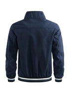 Men'S Sports Solid Color Stand-Up Collar Jacket, Color Striped Rib Hem, Lightweight And Windproof, Creative Three-Bar Totem Design Elements, Suitable for Jogging in Spring And Autumn, Daily Casual Versatile - Navy Color