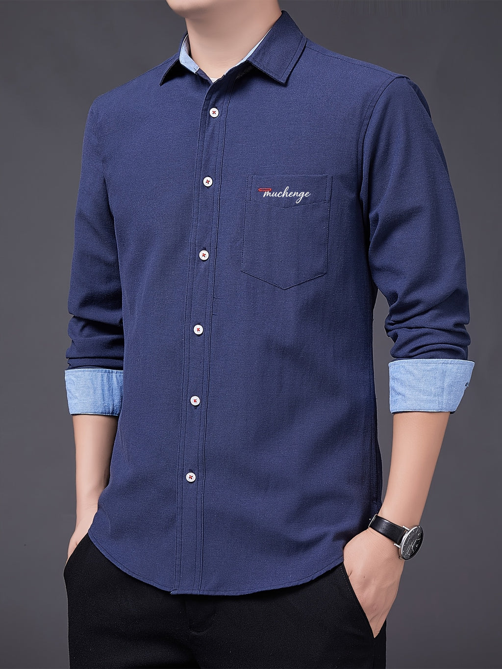 Men's Oxford Cloth Long-Sleeve Shirt for Spring/Autumn, with Lapel Collar, Simple Pocket, and English Print Decoration. Features Contrast Color Cuffs and Collar Design. A Versatile Basic Shirt for Business Casual Wear, Available in Multiple Colors - Dark Blue