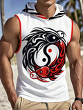 Men's Sleeveless Hooded Top with Trendy Tai Chi Koi Fish Print, Breathable Sports Casual Style, Comfortable for Daily Wear, Fashionable and Stylish Outerwear for Men - Mixed colors