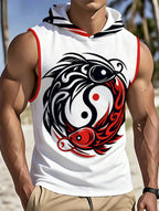 Men's Sleeveless Hooded Top with Trendy Tai Chi Koi Fish Print, Breathable Sports Casual Style, Comfortable for Daily Wear, Fashionable and Stylish Outerwear for Men - Mixed colors