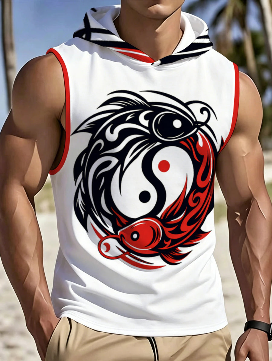Men's Sleeveless Hooded Top with Trendy Tai Chi Koi Fish Print, Breathable Sports Casual Style, Comfortable for Daily Wear, Fashionable and Stylish Outerwear for Men - Mixed colors