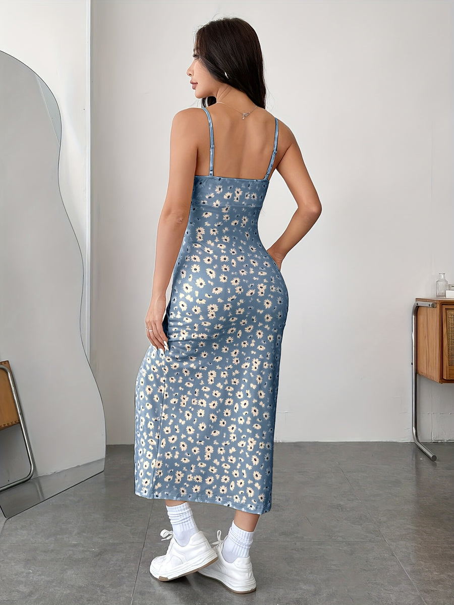 Casual printed simple daily high side split Women's dress, simple and atmospheric for vacations and gatherings - Light Blue