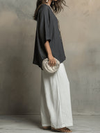 Bohemian Spring Summer New Loose Elegant Color-Block Set Women'S Round Neck Short Sleeve Solid Top And High-Waist Wide-Leg Pants 2pcs Set Western Casual Vacation Suit - Grey