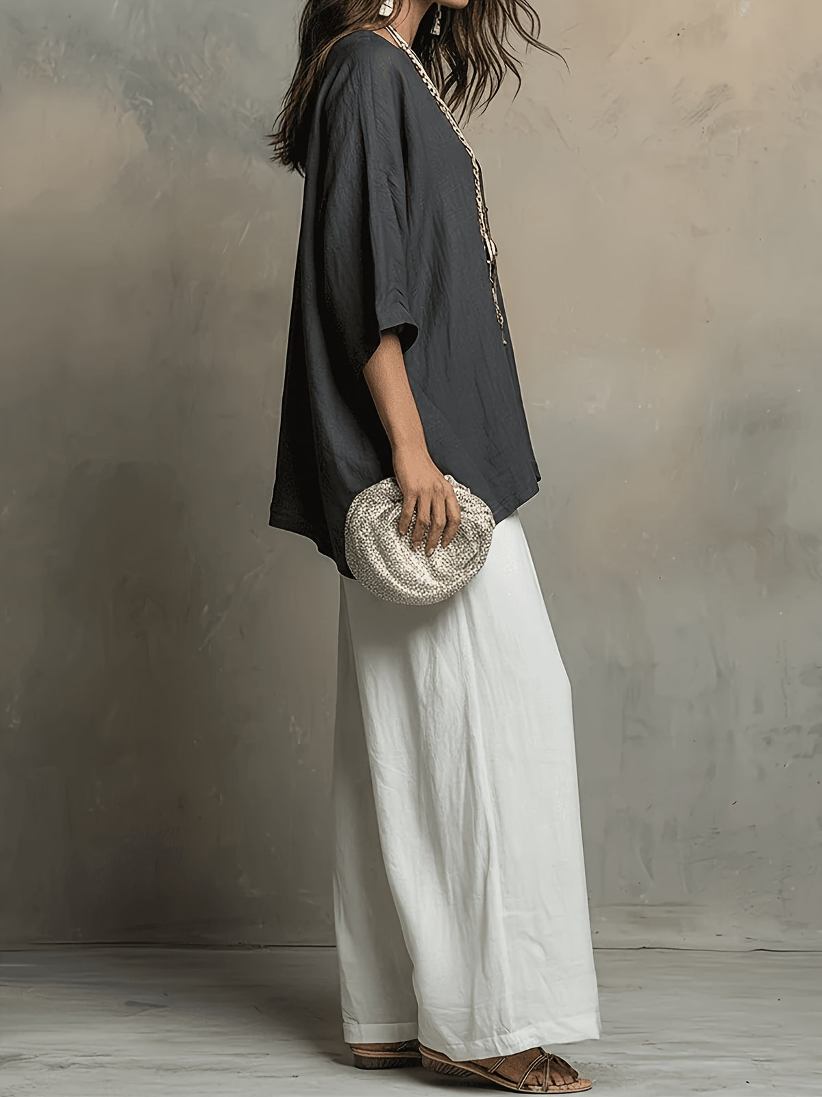 Bohemian Spring Summer New Loose Elegant Color-Block Set Women'S Round Neck Short Sleeve Solid Top And High-Waist Wide-Leg Pants 2pcs Set Western Casual Vacation Suit - Grey