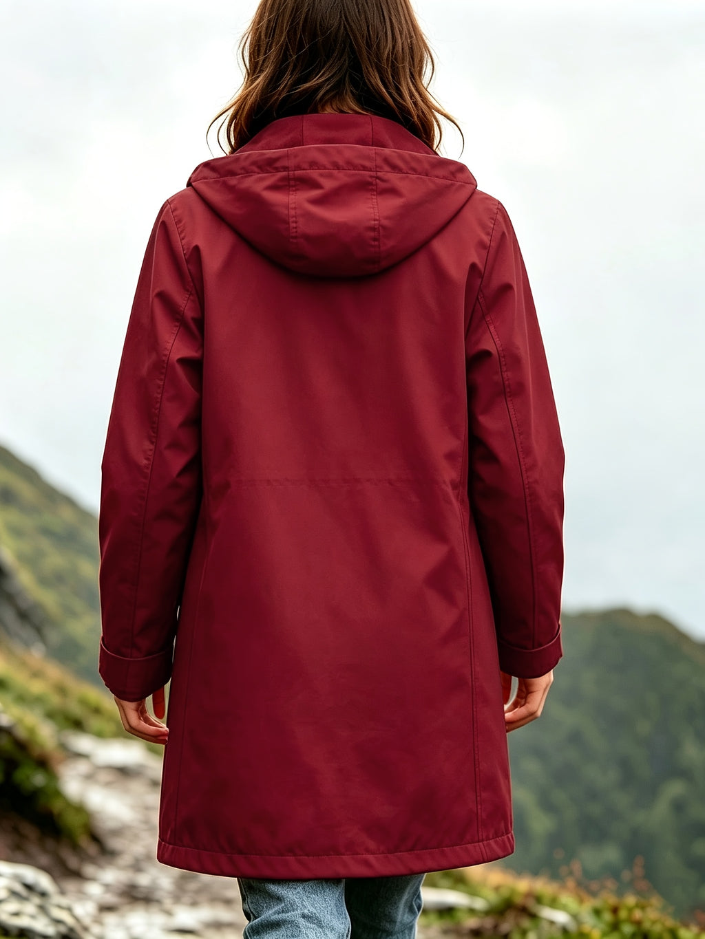 New Women'S Mid-Length Hooded Trench Coat, Spring Autumn Loose Casual Jacket Outdoor Drawstring Pocket Women'S Jacket Top - Deep Red