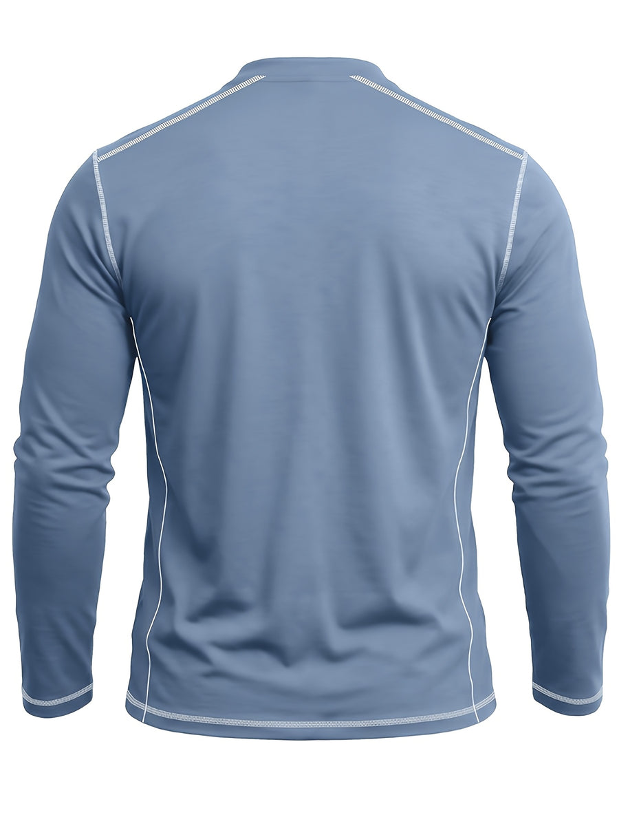 Autumn Winter Men'S Long Sleeve Henley Shirt, Cross-Border New Color-Block Fashion Casual Base Layer Round Neck T-Shirt - Dark Blue 1