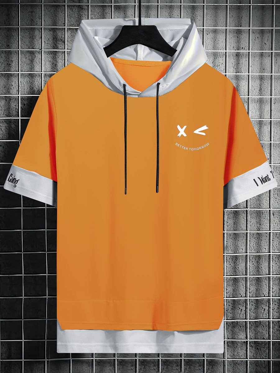 Color-Block Hooded Men'S Casual Letter Print Faux Two-Piece Short Sleeve T-Shirt - Yellow